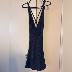 Lulus You Glow Girl Silver and Navy Blue Backless Skater dress, M